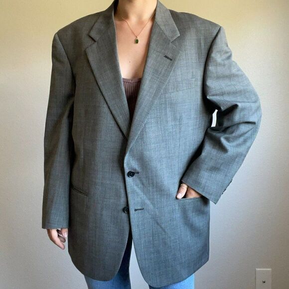 Vintage Mens Burberry Gray Single Breast 100% Wool Oversized Blazer Sz XXL - Picture 6 of 9
